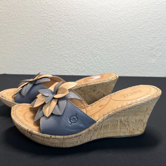 Born Women 9 M/W Leather Flower Wedge Sandals Slip Ons Cork Heel 3"  Beige Blue - Picture 5 of 14